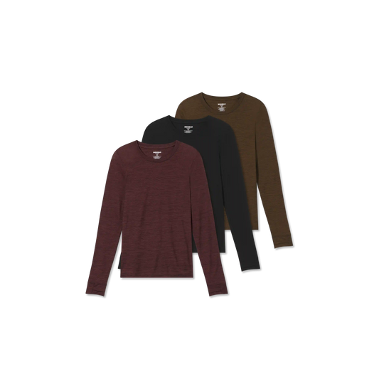 Women's Merino Wool Blend Crew Neck Long Sleeve T-Shirt 3-Pack